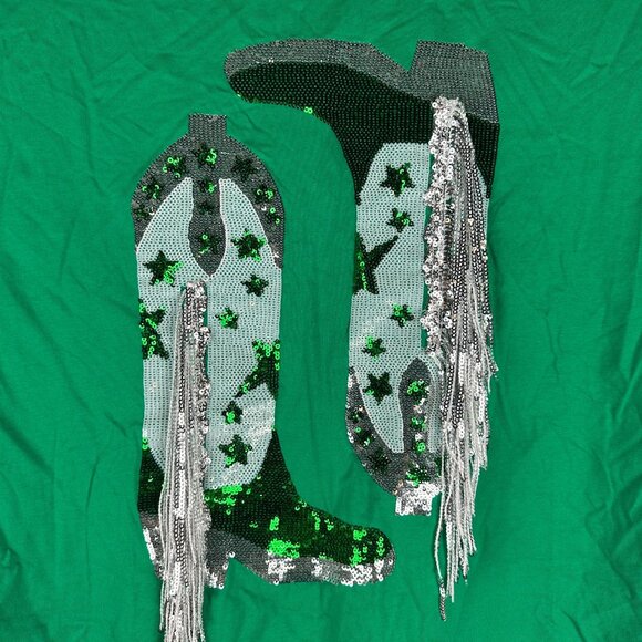 Blue b Collection Green Sequin Cowboy Boot Graphic T-Shirt Size Large - Picture 1 of 7